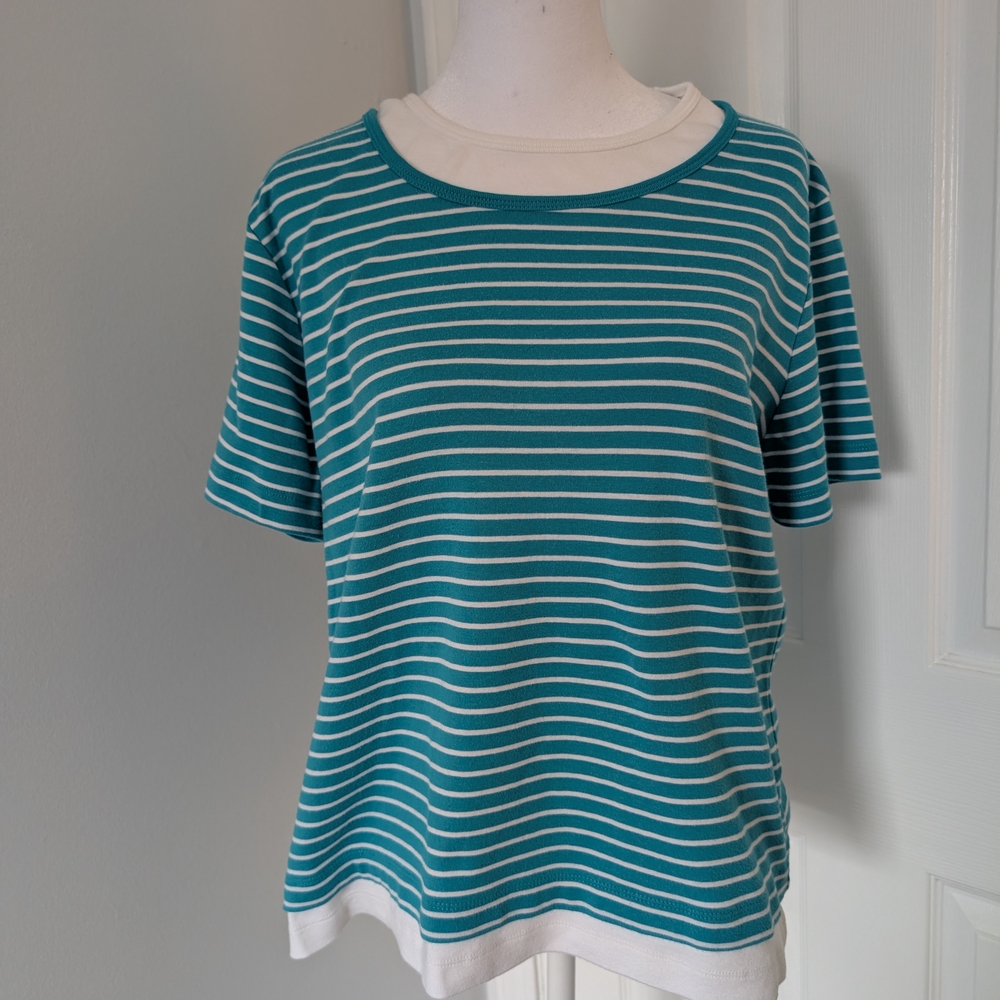 White Stag Teal and White Striped Women's Short Sleeve Top